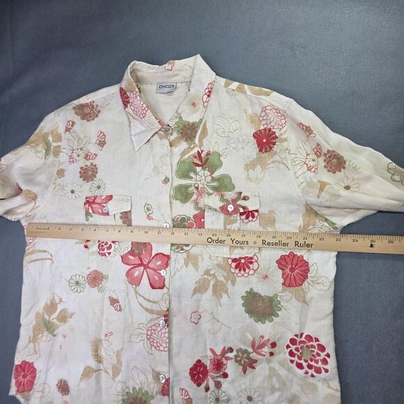 Chicos Shirt Womens 4 US 1XL Beige Floral Linen Button Front Long Sleeve Casual - Picture 7 of 9